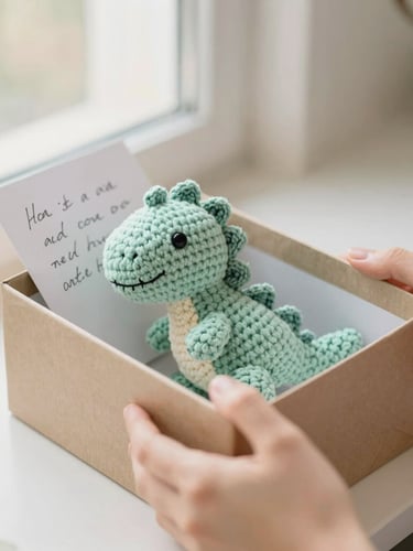 Hands gently opening a beautifully wrapped gift box, revealing a soft mint-green crochet dinosaur inside, handwritten note, warm editorial photography, shallow depth of field