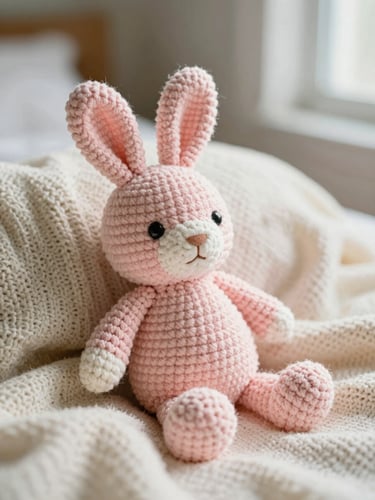 Close-up of a pastel pink crochet bunny plushie nestled in a soft cream knit blanket, warm morning light, shallow depth of field, 35mm film texture