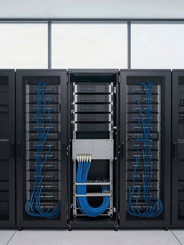 A wide-angle minimalist shot of an exceptionally clean server rack with perfectly organized blue and slate cabling, soft overcast daylight filtering in from a high window