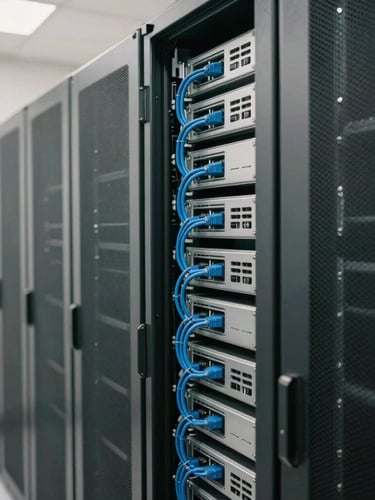 Close-up of clean server racks with neat blue cabling in a quiet, organized Utah data center, soft overcast daylight, 35mm lens