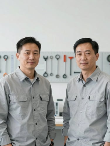 Portrait of professional systems engineers in clean slate-gray work shirts, standing in a brightly lit, minimalist technical workshop with tools neatly arranged in the background, soft natural lighting