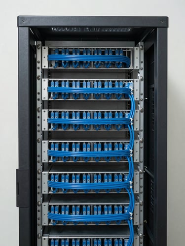 A close-up portrait of a clean server rack with perfectly organized blue cabling under soft overcast daylight, minimalist editorial photography.