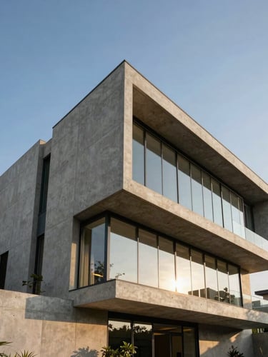 Low-angle architectural photograph of a modern concrete villa in Bangalore with expansive glass facades, crisp late-afternoon golden hour light reflecting off the panels, ultra-premium editorial style.