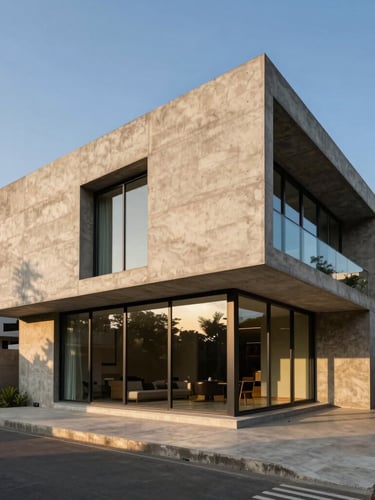 Premium architectural photography of a brutalist concrete villa in Bangalore during late-afternoon golden hour, featuring massive sliding glass doors and uninterrupted sightlines, high-end editorial style.