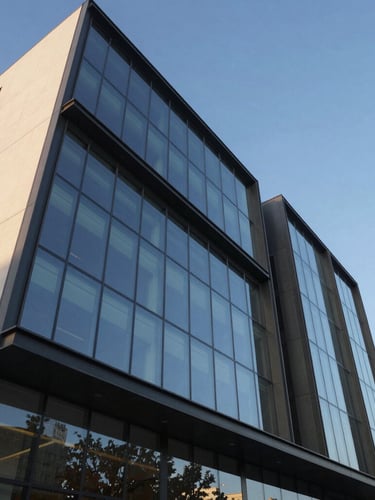 Low-angle architectural photography of a modern commercial facade, geometric glass panels reflecting a crisp blue sky, sharp clean lines of dark aluminium profiles, premium architectural editorial style.