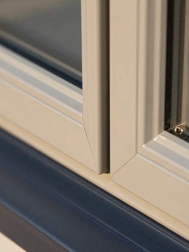 Macro close-up of a sleek champagne-gold anodized aluminium window corner joint, crisp structural lines, sharp focus, technical editorial lighting.