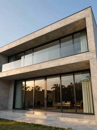 Low-angle architectural photograph of a modern concrete villa in Bengaluru, showcasing massive sliding glass doors reflecting late afternoon golden hour light.