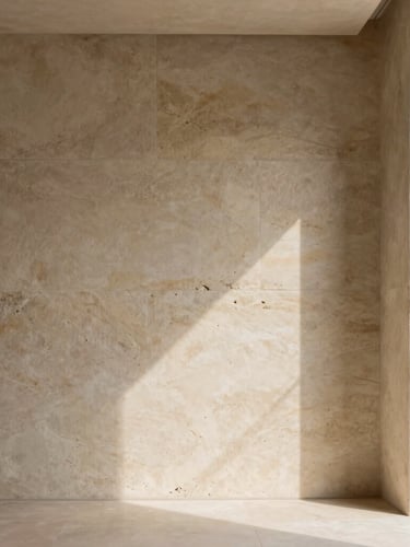 Detail of luxury minimalist interior with raw stone wall, soft shadows cast by a window frame, serene warm earth tones, editorial architectural photography