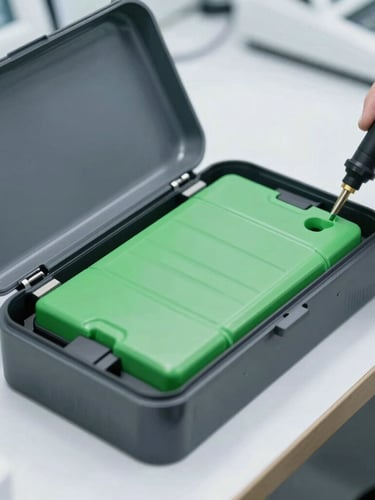 Close-up of a high-end e-bike battery casing opened in a clean diagnostic lab, cool metallic surfaces, technical testing probes attached, soft overcast light