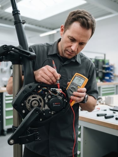 Close-up of a certified mechanic performing precision diagnostics on a premium e-bike motor inside a clean, well-lit modern workshop, soft overhead daylight
