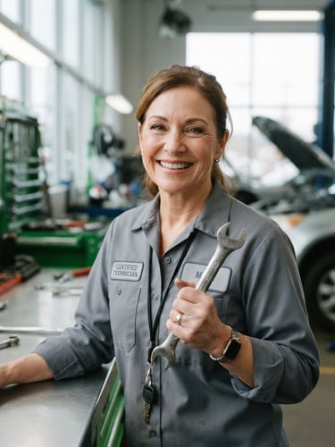 Close-up of a smiling certified mechanic in a clean, well-lit workshop, holding a wrench, bright natural overcast daylight, 35mm lens.