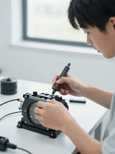 Close-up of a student in a clean, brightly lit workshop using digital diagnostic tools on an e-bike motor, focused expression, cool gray tones, 35mm lens.