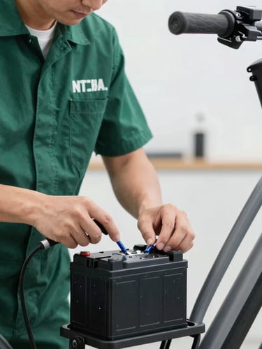Close-up of a professional mechanic in a clean workshop measuring battery health on a modern e-bike, soft green and cool gray tones, sharp focus
