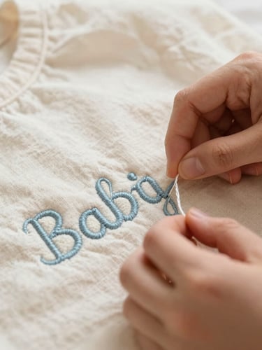 Soft natural daylight illuminating hands carefully embroidering a baby's name on a soft linen blanket, warm cream background, close-up shot focusing on the precise thread work.