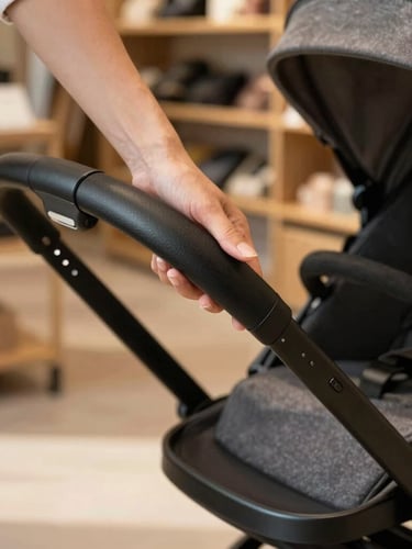 Close-up of hands gently folding a modern matte-black stroller chassis in a warm sunlit boutique, tactile focus on the leather handle