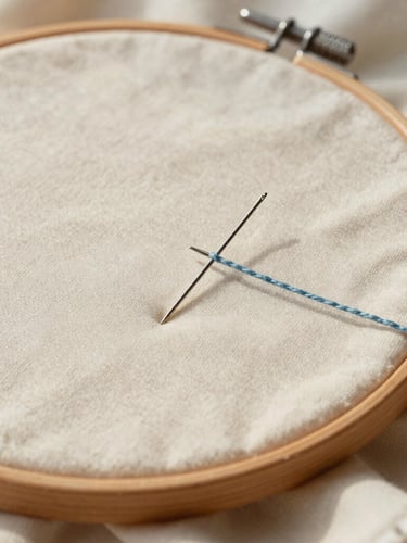 Close up of a wooden embroidery hoop holding soft organic cream cotton fabric, a needle with soft slate-blue thread mid-stitch, warm natural morning light, editorial style