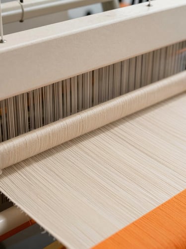 Macro close-up of high-density woven textiles on an industrial loom, bright natural daylight, warm cream tones with sharp orange accents, clean architectural framing, 35mm