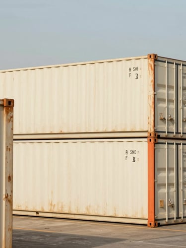 Industrial editorial photography, bright natural daylight, structured cargo containers at a modern Indian port terminal, warm cream tones, 35mm