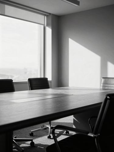 High-contrast black and white photograph of an empty, minimalist executive boardroom, sharp directional light pouring through large windows, dramatic shadows, 35mm lens.