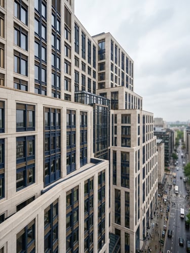High-angle architectural perspective of a clean-lined modern limestone financial building facade, soft overcast daylight, desaturated navy tones
