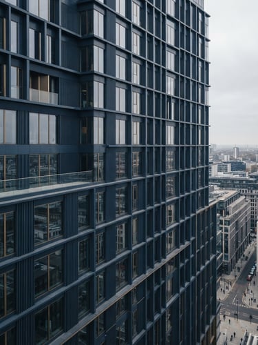 High-angle architectural perspective of a modern financial district building facade, clean geometric lines, soft overcast daylight, desaturated navy tones.