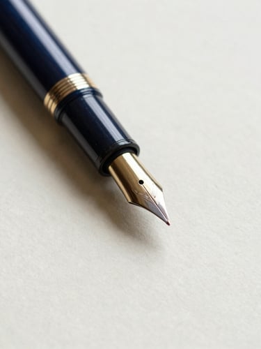 Close-up macro shot of a classic fountain pen resting on heavy textured cream paper, soft diffused side light, shallow depth of field.