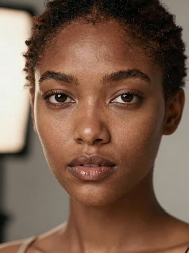 Close-up beauty portrait of Amara Osei, face filling the upper two-thirds of the frame, diffused studio strobe from camera-left, skin texture fully visible with no digital smoothing, original beauty shoot lighting, neutral background, no mood grading added post