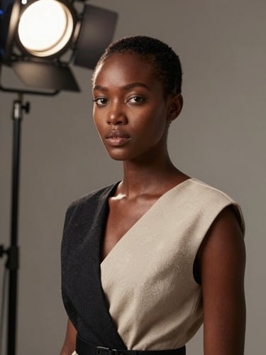 Portrait-framed editorial shot of Amara Osei, strong studio strobe lighting from above-left, structured fashion garment, sharp contrast against a neutral backdrop, face and upper body, no post-production grading beyond original shoot intent