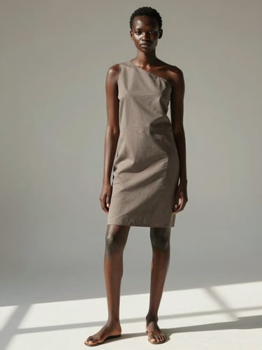 Full-length editorial portrait of a Kenyan model standing against a clean studio backdrop, natural light from the left, strong contrast, unretouched skin, direct gaze toward camera, hands relaxed at sides, dressed in a structured minimal garment, no props