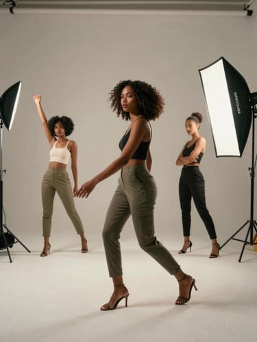 Commercial campaign outtake-style frame — Amara Osei in motion between poses on a product shoot set, full-body, strobe lighting, genuine working-set energy, no behind-the-scenes candid quality