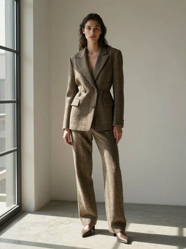 Full-length editorial portrait, model in structured woven fabric against a pale studio wall, natural side-light from a large window, strong posture, direct gaze at camera, full-body frame showing complete styling from head to foot