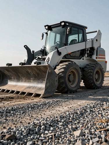 Low-angle action shot of a modern skid steer loader with a grading attachment leveling a gravel driveway, sharp morning sunlight casting deep shadows on the textured gravel, 35mm.