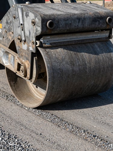 Close-up of a heavy steel roller attachment compacting crushed gravel on a driveway, sharp morning shadows casting deep textures, rugged industrial photography