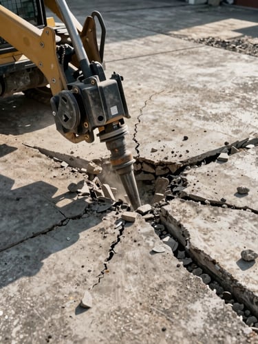 Low-angle action shot of a skid steer hydraulic breaker fracturing a thick concrete patio, sharp morning sunlight casting deep shadows on cracked debris, rugged industrial photography, 35mm