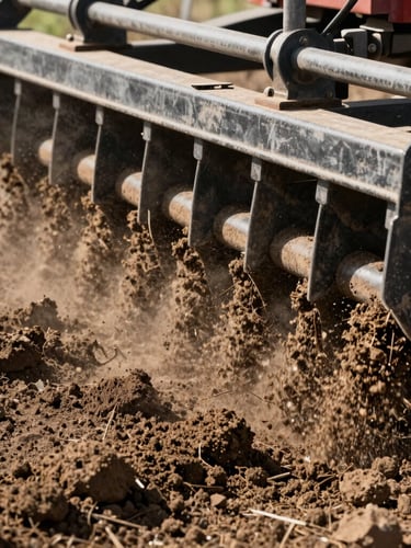 Close-up of a soil conditioner attachment pulverizing dry clay soil into fine loam, sharp morning sunlight, dust particles caught in light, rugged industrial photography, 35mm