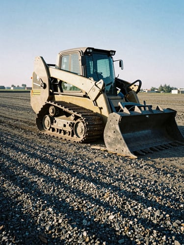 Low-angle action shot of a compact track loader skid steer with a grading attachment, sharp morning sunlight casting deep shadows on freshly leveled gravel, rugged industrial 35mm photography.