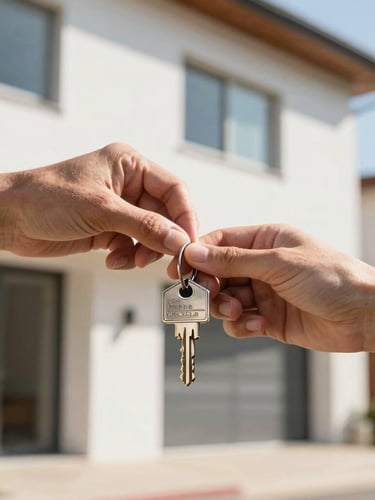 Close-up of hands exchanging house keys in front of a bright, modern residential exterior in Paraná, natural sunlight