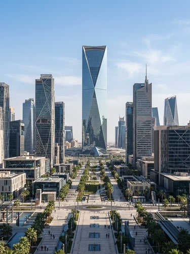 Symmetrical architectural shot of Riyadh modern financial district skyline, bright clean daylight, sharp focus, 35mm