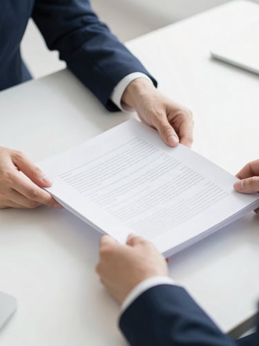 Close-up of professional hands organizing structured documents on a clean white desk, bright corporate daylight, deep navy tones