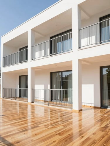 Crisp architectural photography of a modern multi-story townhouse interior with bright natural daylight reflecting off immaculate hardwood floors and clean steel railings