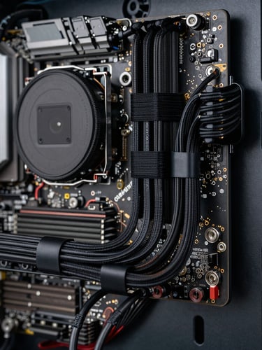 Close-up of a custom PC interior showing flawless cable management, clean routing paths, matte black zip ties, and perfectly aligned power delivery cables near the motherboard edge.