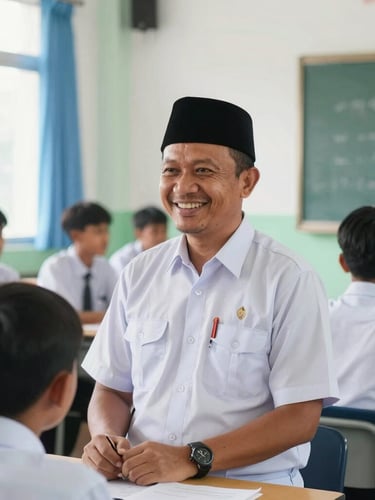 Pak Nasir Koto, an Indonesian Islamic teacher in a neat uniform, smiling warmly in a bright modern classroom, natural daylight, 35mm educational photography