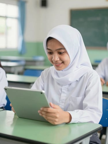 A female Indonesian high school student wearing a neat white hijab and SMA uniform, smiling while looking at a tablet screen in a bright modern classroom, 35mm photography