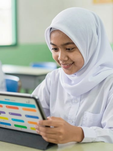 Bright educational photography, close-up of a female Indonesian high school student wearing a neat white school hijab, smiling while looking at a tablet showing colorful learning progress charts, natural classroom daylight, green and blue accents, 35mm