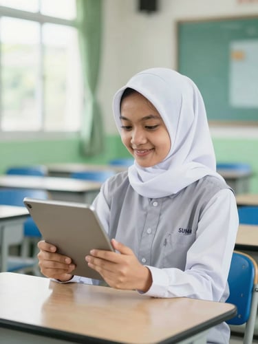 A female Indonesian high school student wearing a neat white school hijab and grey SMA uniform, smiling while holding a digital tablet in a bright, modern classroom with soft green accents, natural daylight, 35mm.