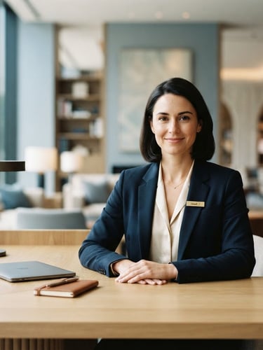 Professional, calm concierge agent looking directly at the camera, in a modern, serene office setting, soft natural daylight, shallow depth of field.