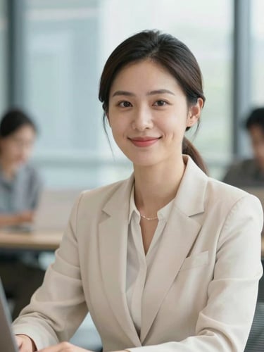 Professional, approachable agent smiling gently, looking towards the viewer, in a modern, serene office setting, soft natural daylight, shallow depth of field, conveying humanized support.
