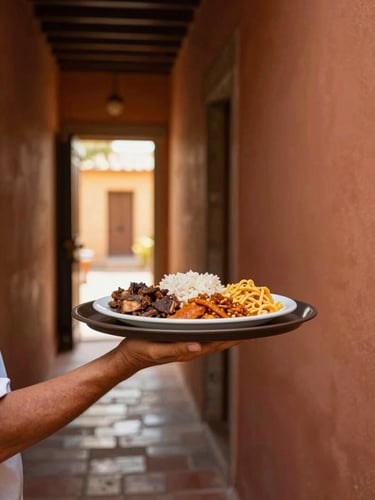 Close environmental shot of a tray with a plate of Bahian food being carried down a narrow warm-lit pousada hallway, hands visible holding the tray, golden morning light from a doorway at the far end, shallow depth of field, terracotta wall on the right
