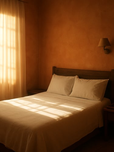 Wide interior shot of a sunlit pousada room in Bahia, golden morning light pouring through sheer curtains onto a neatly made bed, warm terracotta walls, a wooden tray resting on the bedside table, room feels quiet and lived-in