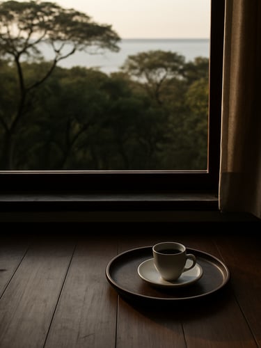 Close environmental view from inside a Bahian pousada room, north-facing early-morning light casting soft shadows across a wooden floor, a tray with a small coffee cup near the window sill, the view outside is a coastal tree line, still and calm